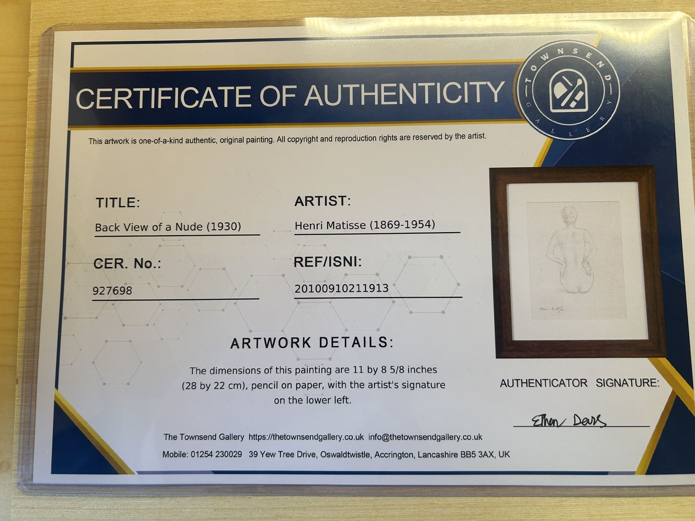 Back View of a Nude: The Townsend Gallery Certificate